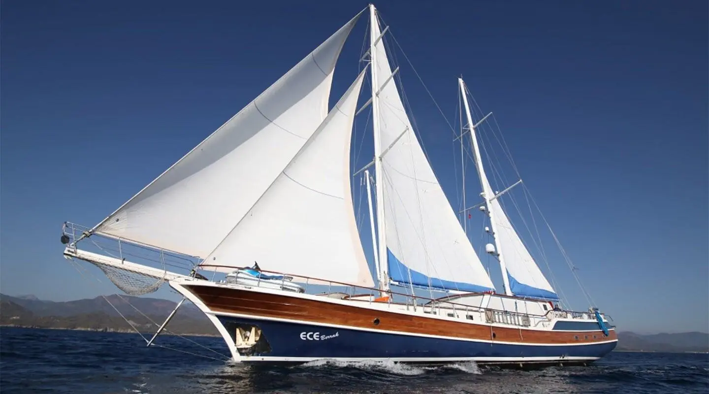 Sailing gulet Ece Berrak with white sails unfurled on blue water
