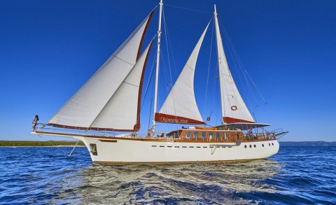 Morning Star luxury sailing yacht with white hull, two masts, and cream sails gliding on blue sea