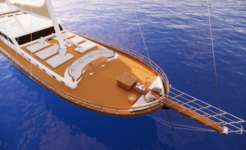 Tosca yacht on a wooden sun deck with white cushions and lounge areas under clear blue sea