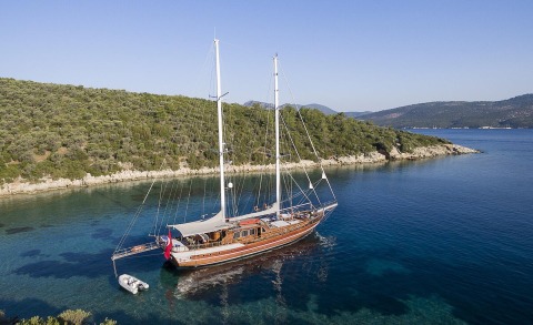 Grace 1 yacht with two masts anchored near a green forest coastline in clear blue water