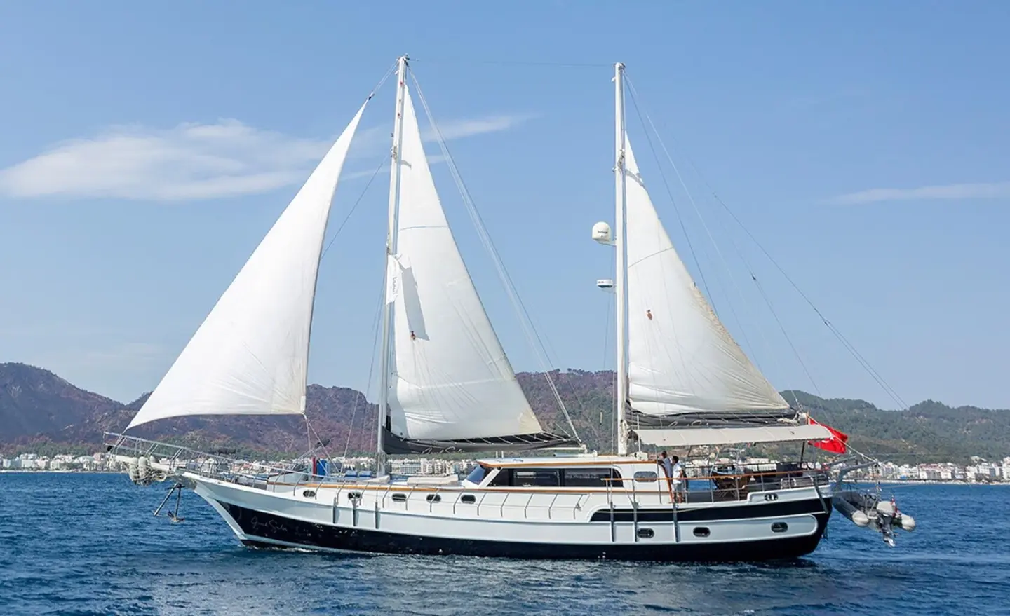 Grand Sailor yacht with multiple sails unfurled against blue sky and calm sea