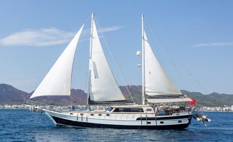 Grand Sailor luxury sailing yacht on calm blue sea with white sails unfurled