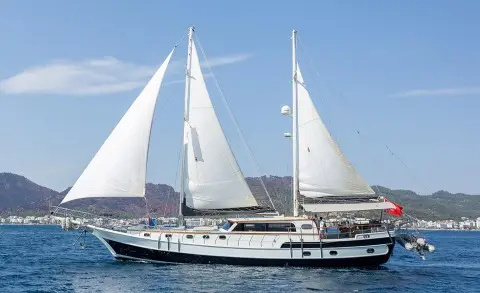Grand Sailor yacht with multiple sails unfurled against blue sky and calm sea
