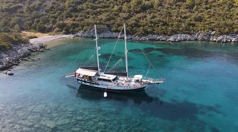 Grand Sailor luxury gulet anchored in turquoise bay at sunset with calm water