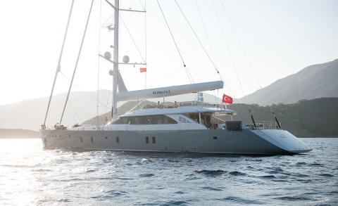 All About U 2 luxury sailing catamaran yacht on calm blue sea with Turkish flags