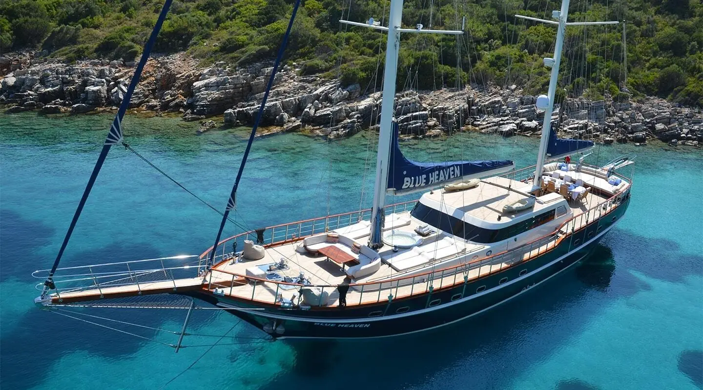 Blue Heaven yacht anchored in clear turquoise water near rocky coastline at sunset