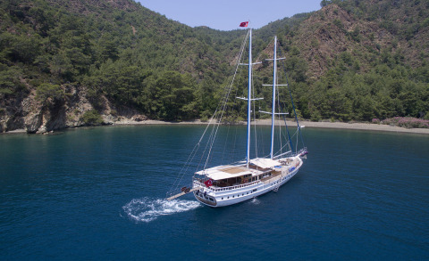 Twin-masted sailing yacht anchored near a forested coastline and blue water