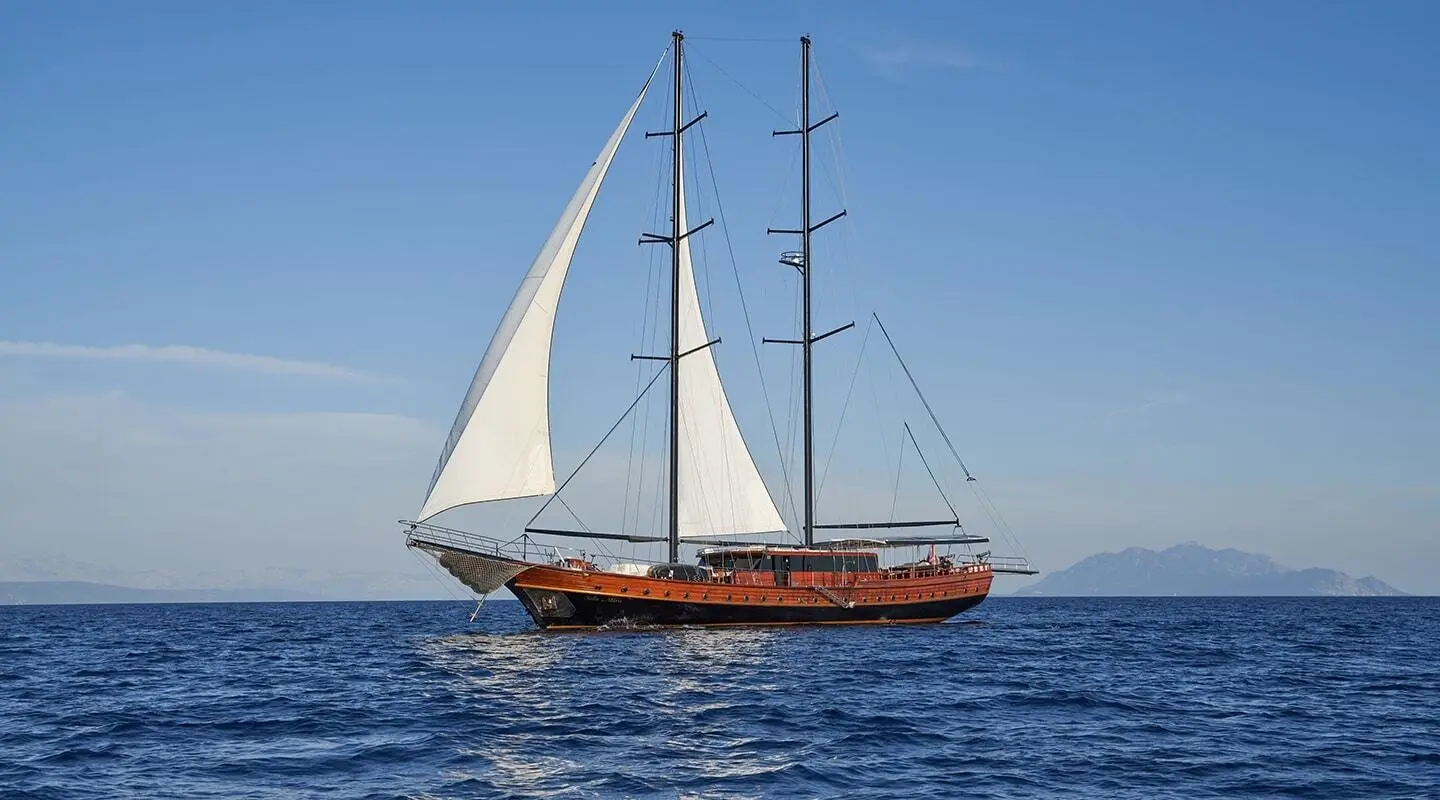 Stella Maris luxury gulet with sails unfurled on calm blue sea at sunset