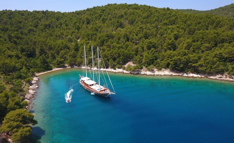 Dolce Vita sailing yacht anchored in turquoise cove among pine forest coastline