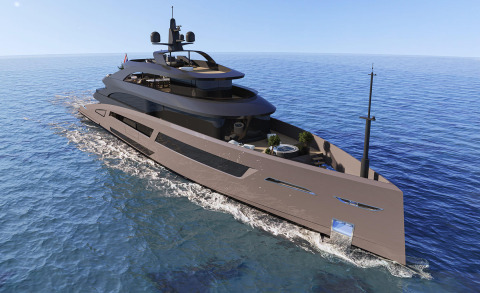 Bello luxury yacht cruising blue ocean, sleek 54m vessel with multiple decks and panoramic upper deck