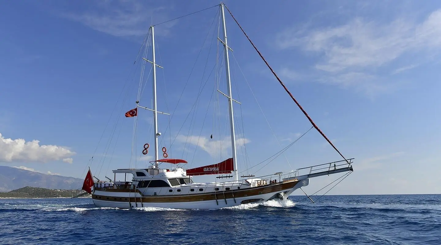 Blu Dream sailing yacht anchored on calm sea during sunset with blue sky