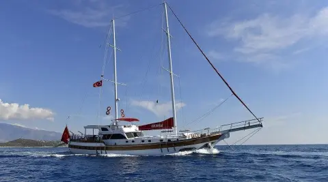 Blu Dream sailing yacht anchored on calm sea during sunset with blue sky