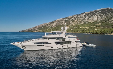 White luxury yacht Happy Me anchored in calm blue sea with rocky coastline and hills in the background