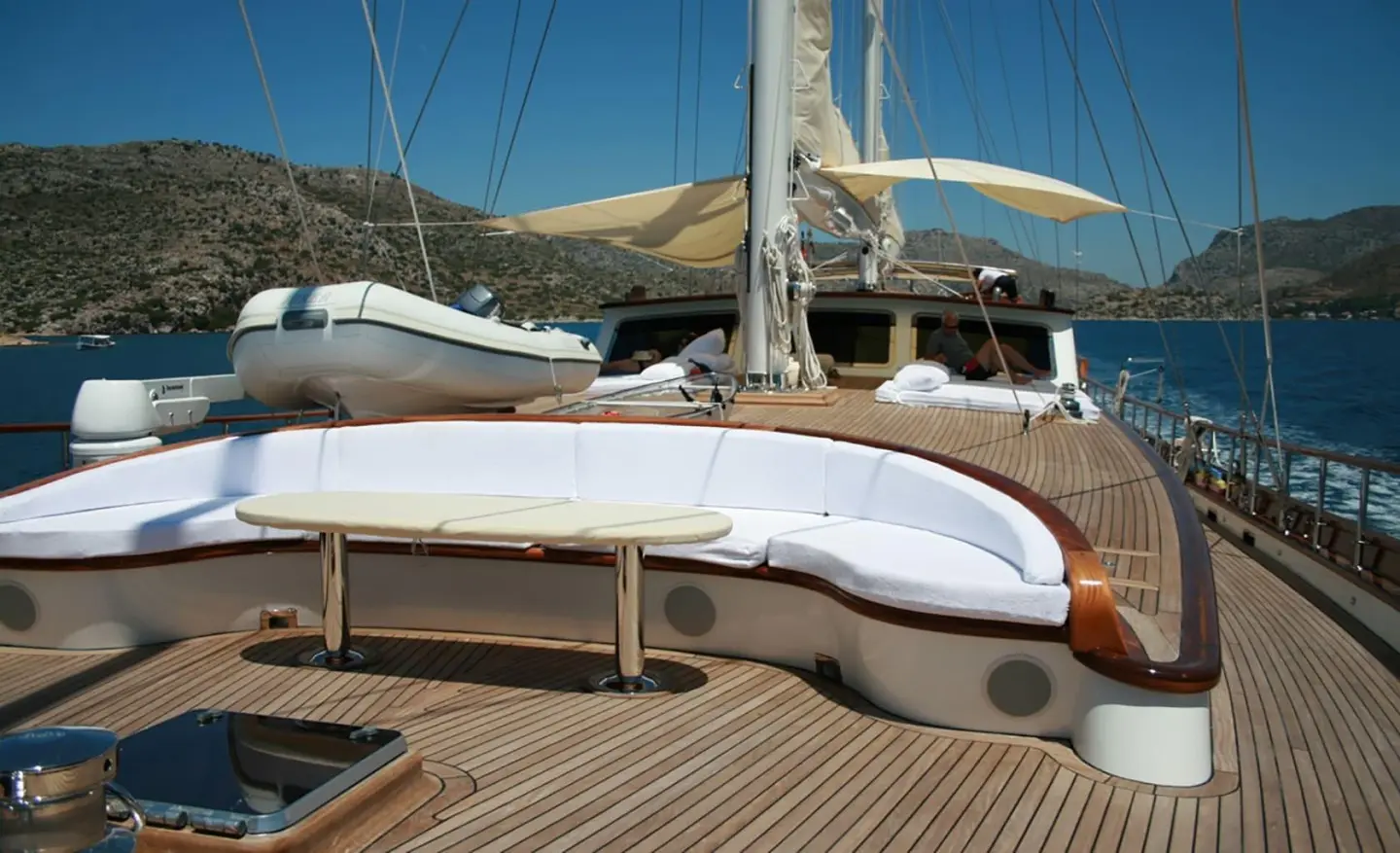Kaya Guneri 5 luxury gulet yacht docked at sunset with polished deck and masts