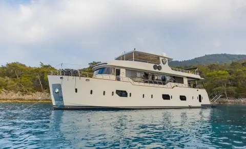 White luxury motor yacht Simay M anchored in calm blue water