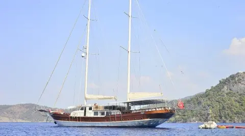Yacht Berrak Su sailing boat with tall masts on calm blue water at sunset