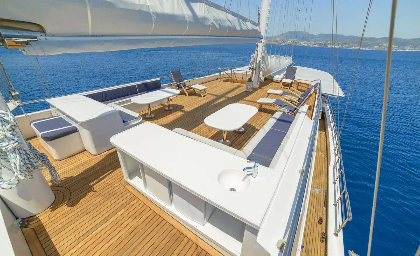Yacht Bella Mare gulet with sun deck, teak flooring, and seating on aft