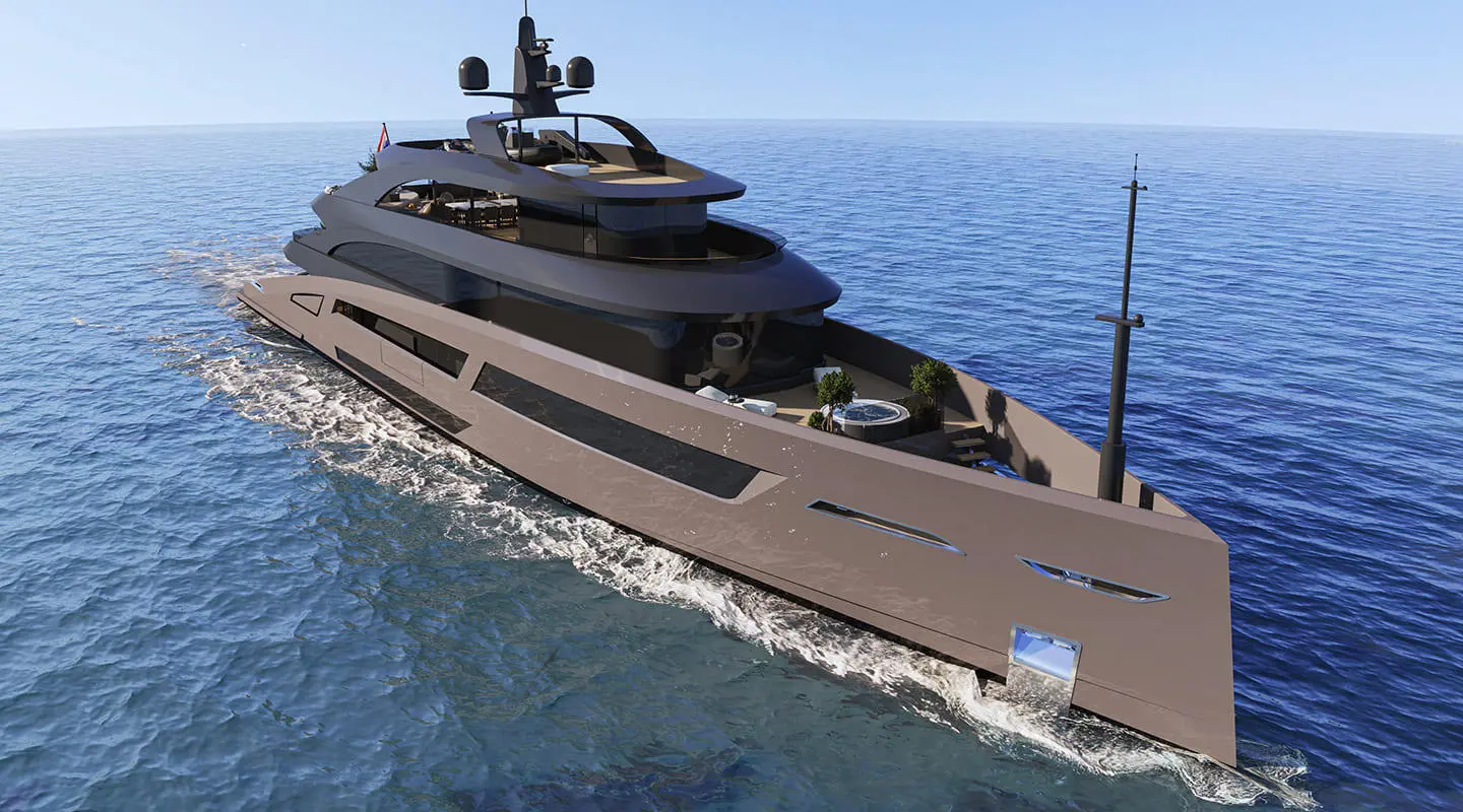 Yacht Bello cruising on calm blue sea, side view, elegant dark hull