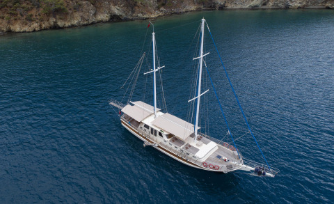 Two-masted luxury gulet yacht on calm blue sea, seen from above