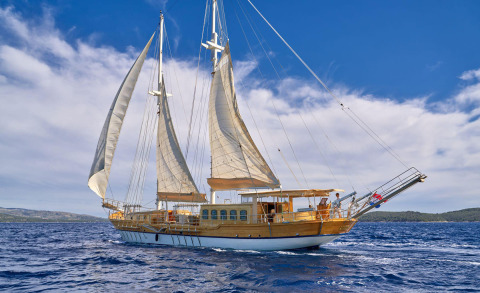 Wooden sailing yacht with two sails on blue sea under clear sky