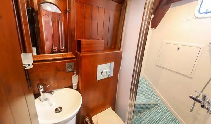 Master cabin bathroom with wooden cabinetry and a compact sink area