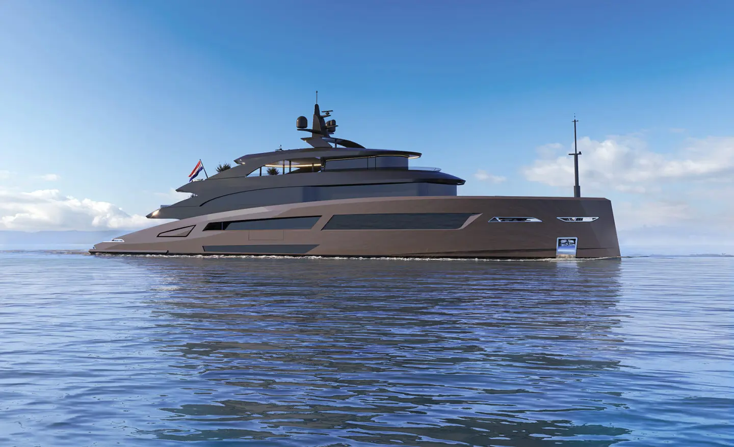 Sleek Bello luxury yacht anchored on calm blue water, multi-deck profile