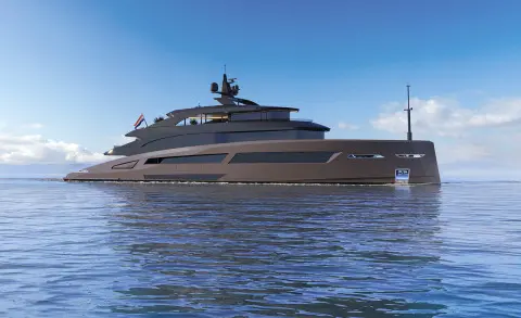 Sleek Bello luxury yacht anchored on calm blue water, multi-deck profile