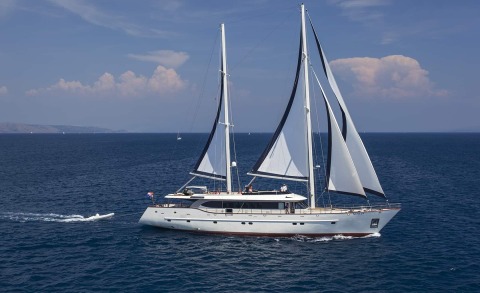 Navilux yacht with two-masted sailing rig in open sea, deck passengers, blue ocean and sky