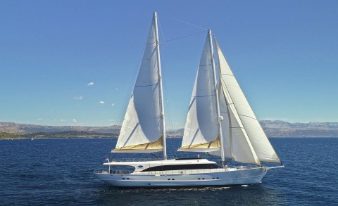 Two tall masts with white sails on a large luxury sailing yacht at sea