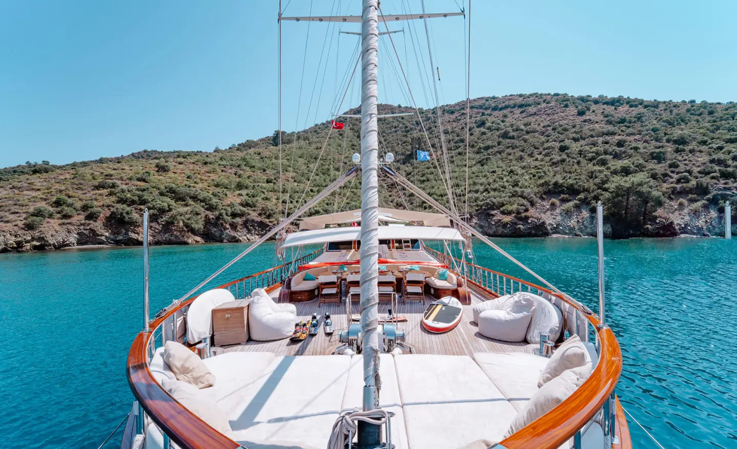 View from the bow of a wooden gulet yacht with turquoise sea surrounding