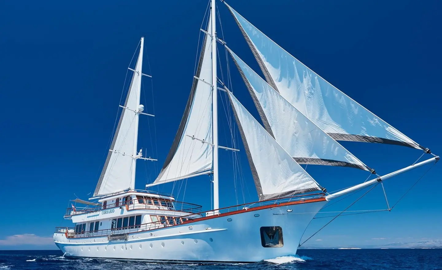 Corsario yacht with white sails unfurled against a deep blue sky at sea