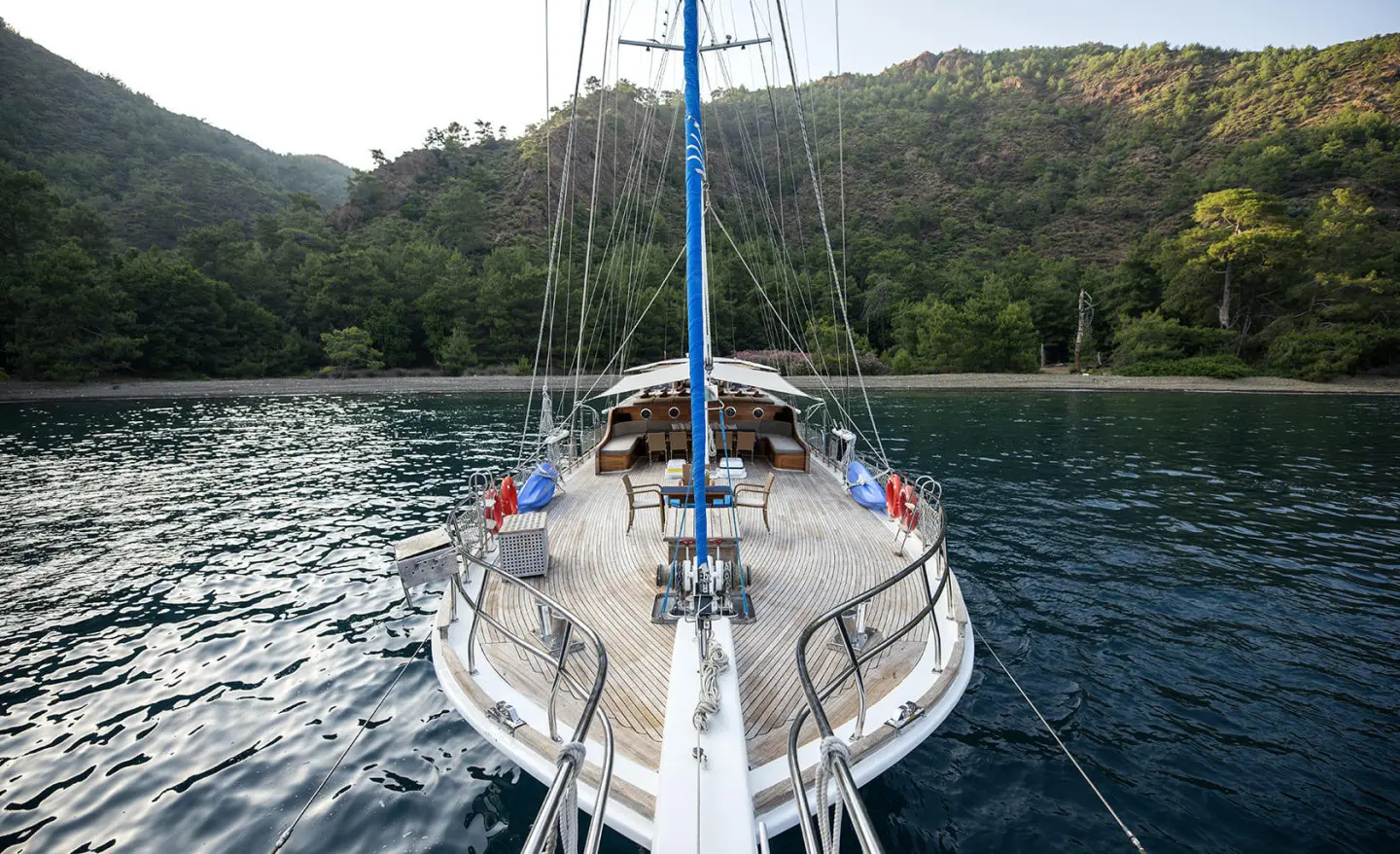 From bow view on Kayhan 8: sleek yacht cutting through calm turquoise water at sunset