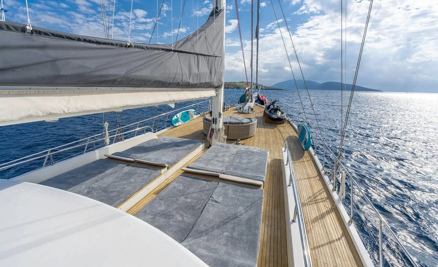 Lucky You yacht deck lounge with blue cushions and sun pads on a sunny sea