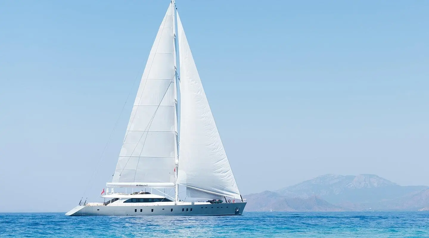All About U 2 yacht sailing with white sails on blue sea, distant shoreline