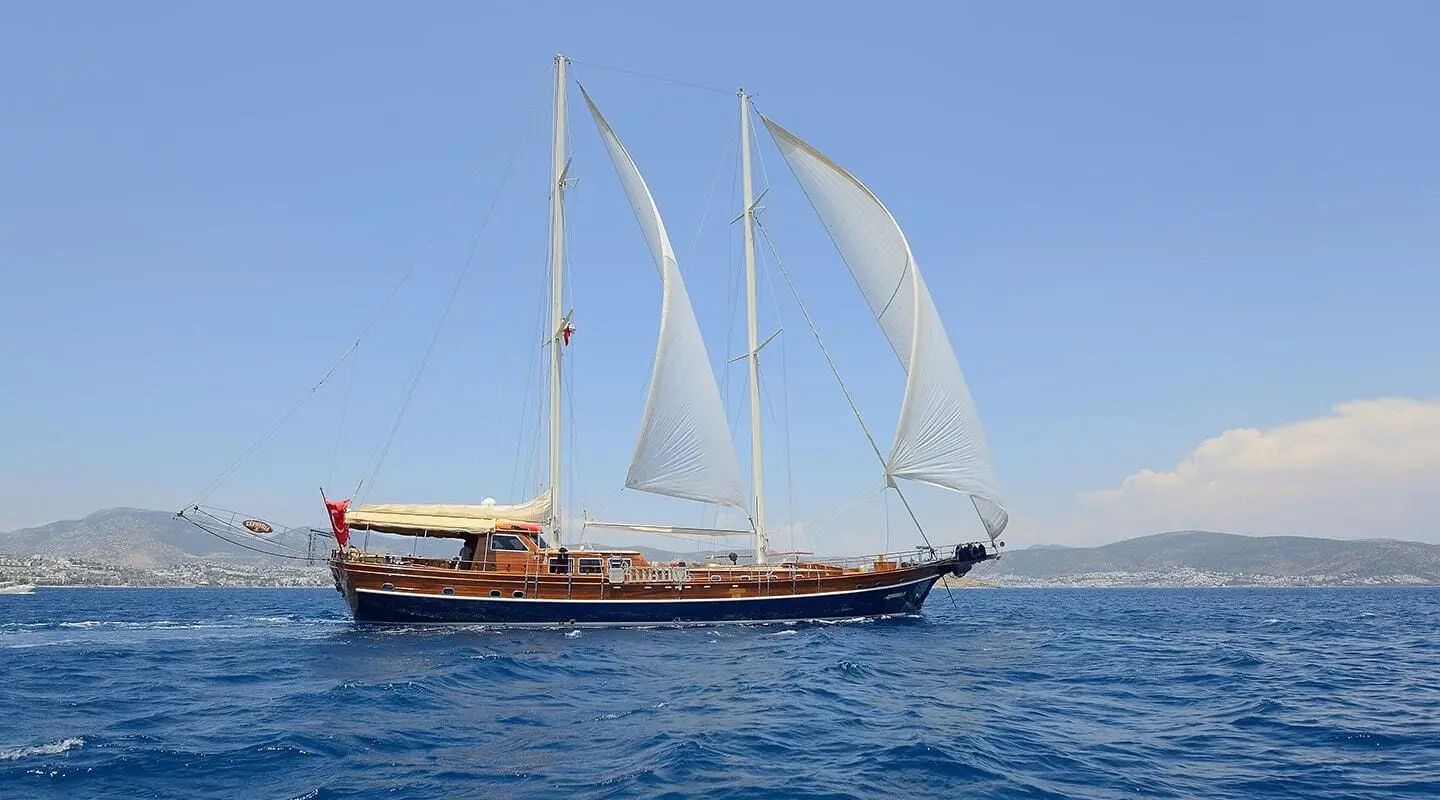 Zephyria II luxury gulet sailing at sunset with white sails on calm blue sea