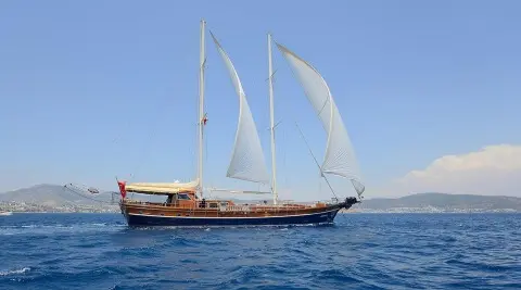 Zephyria II luxury gulet sailing at sunset with white sails on calm blue sea