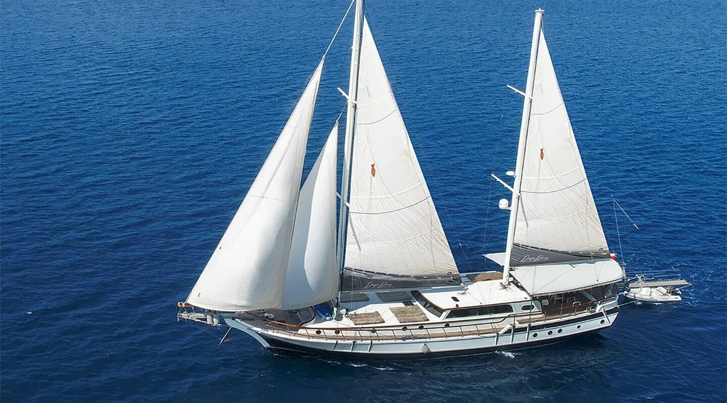 Gulet yacht Derya Deniz sailing on blue sea with multiple white sails