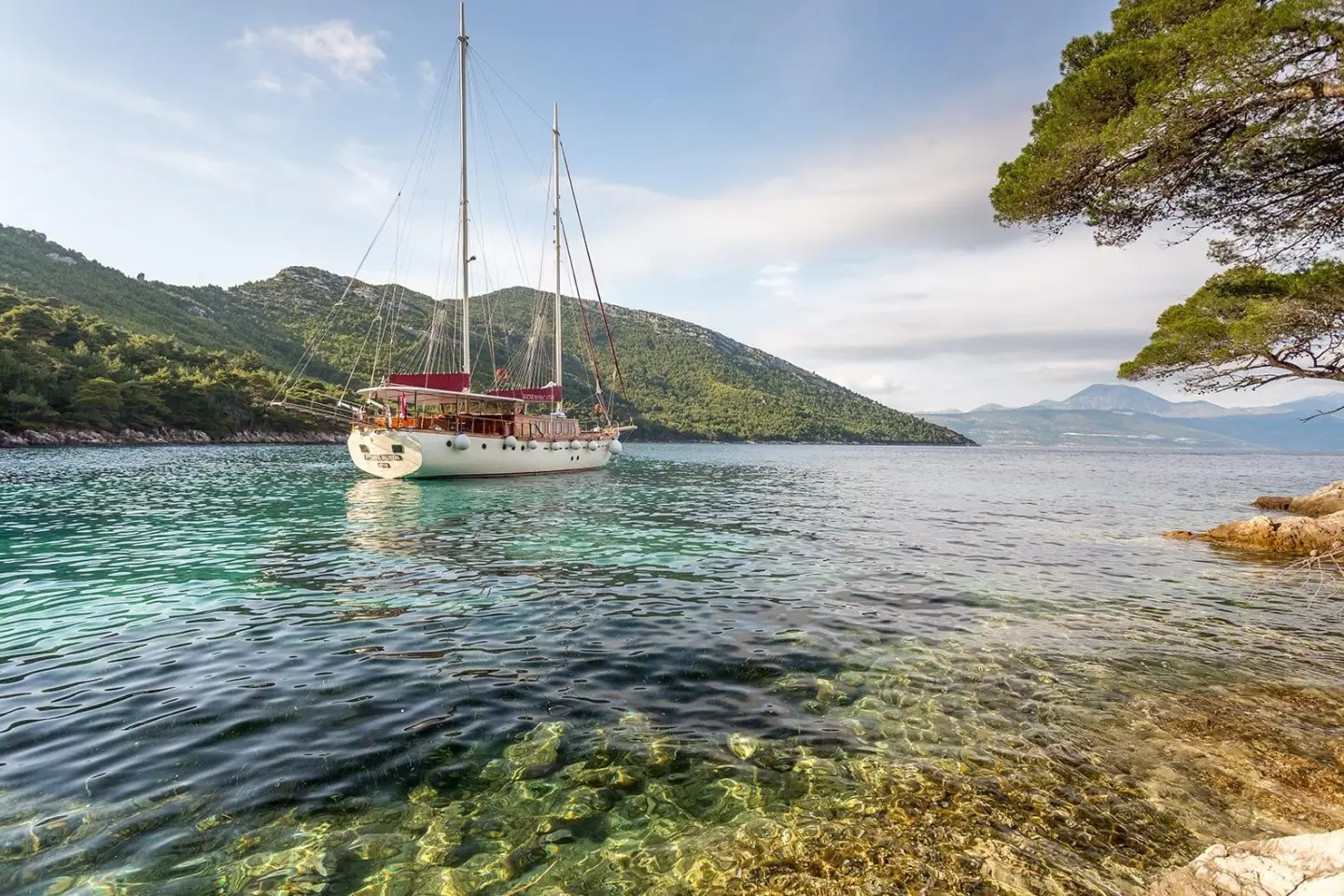 Morning Star yacht anchored near rocky shoreline with clear blue water