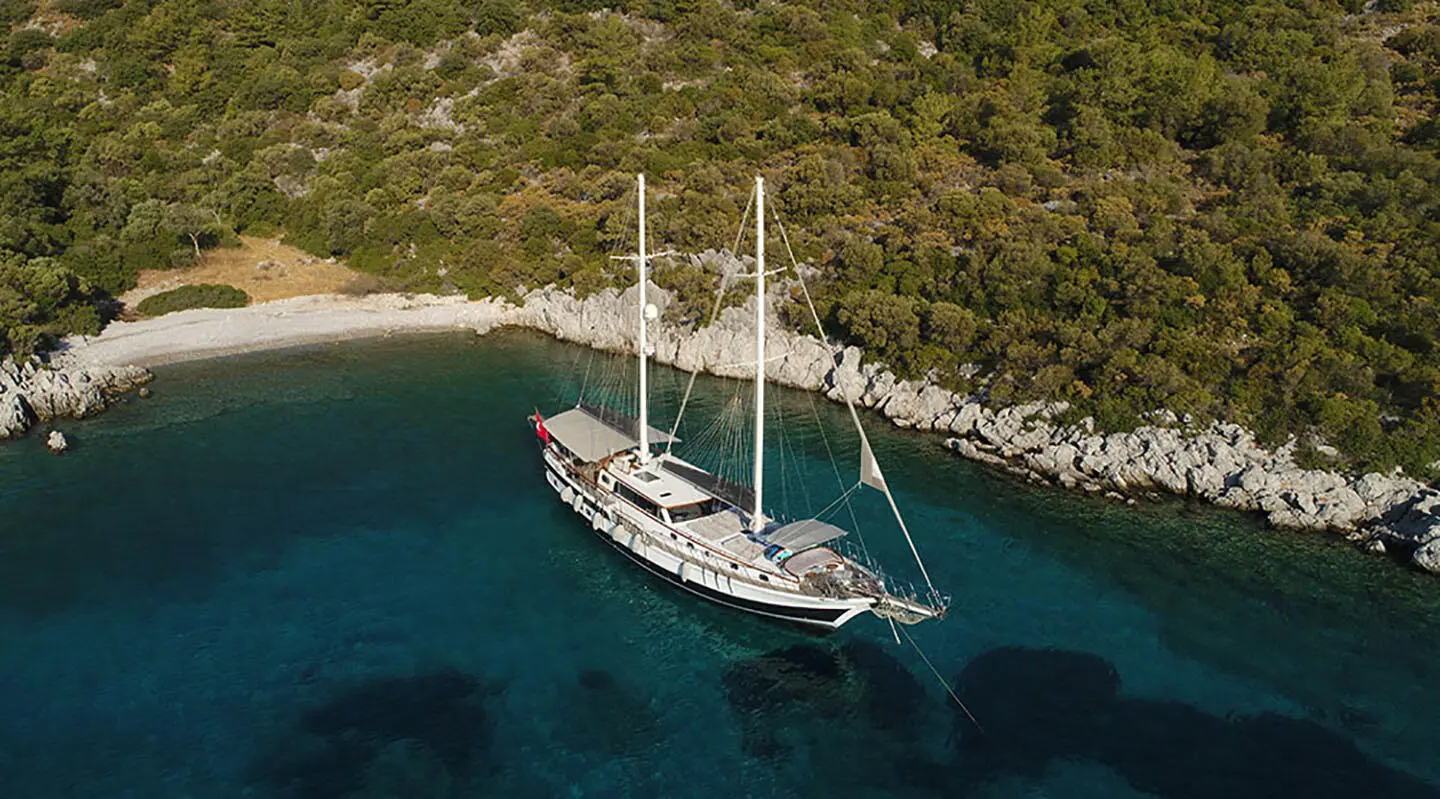 A white sailing yacht anchored near a rocky green coastline at sunset