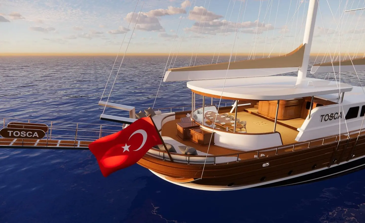 Yacht Tosca with wooden deck, red dinghy, and sunset over calm blue sea