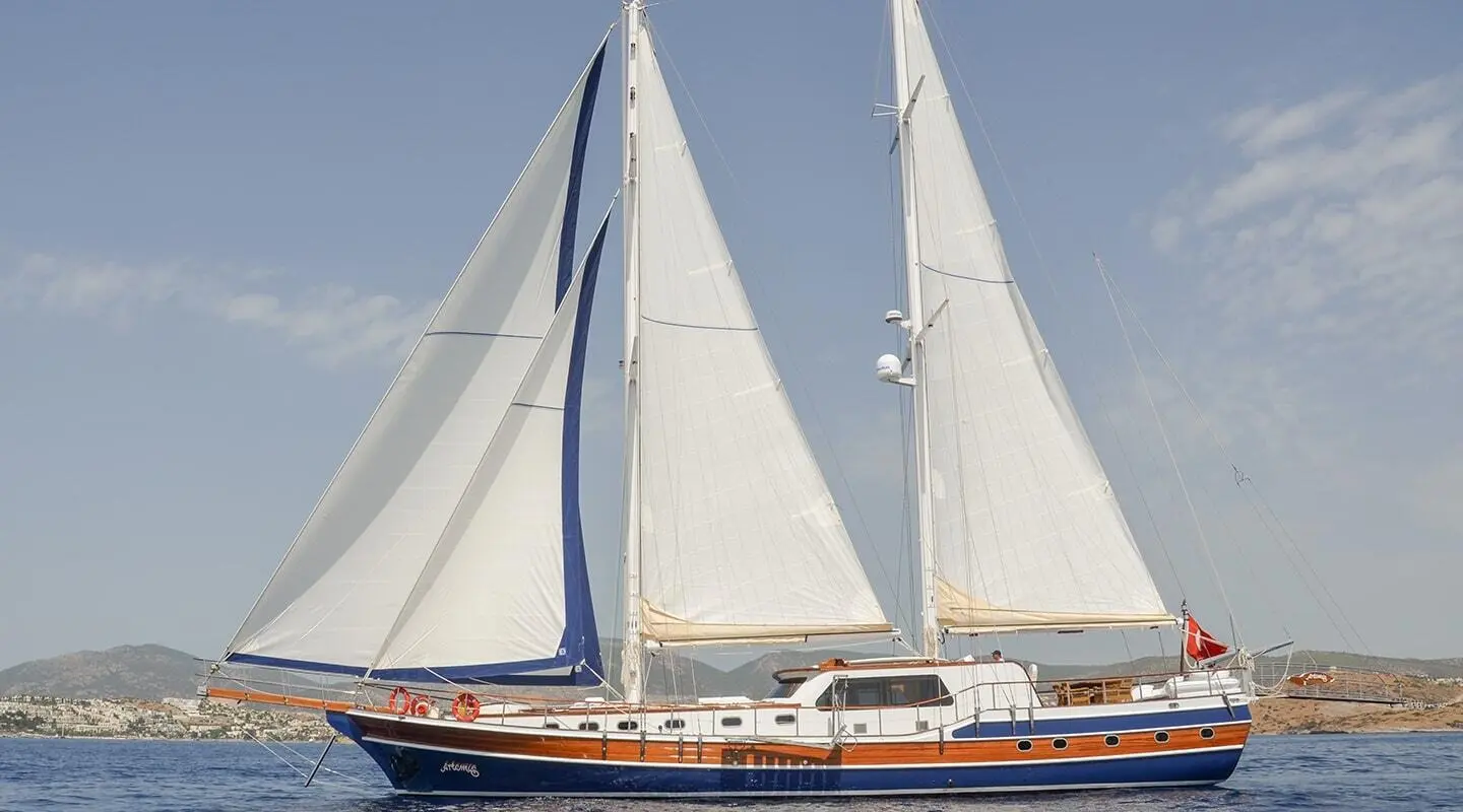 Gulet Artemis yacht with white sails sailing on blue sea under clear sky