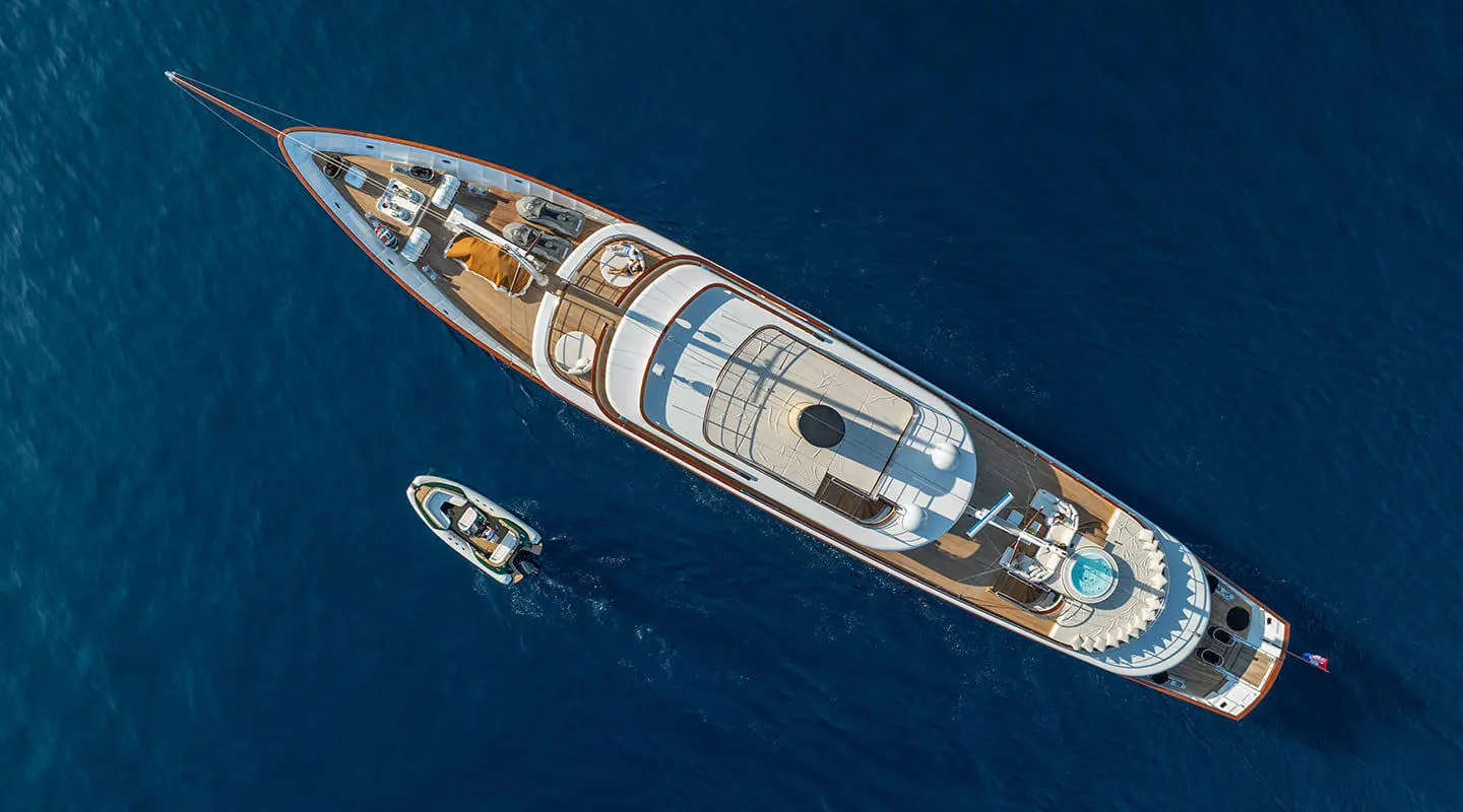 Overhead view of Maia yacht showing deck and upper structure