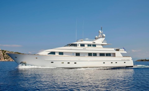 Profil of the Idylle motor yacht sailing on blue sea with white hull