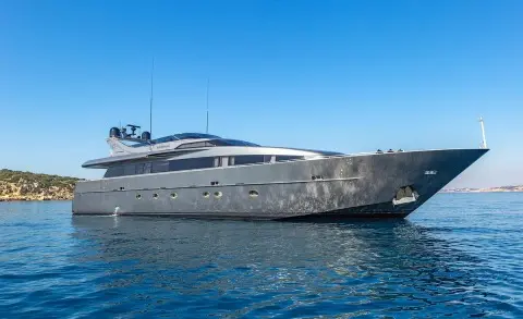 Luxurious yacht named Summer Fun anchored on calm blue water with clear sky