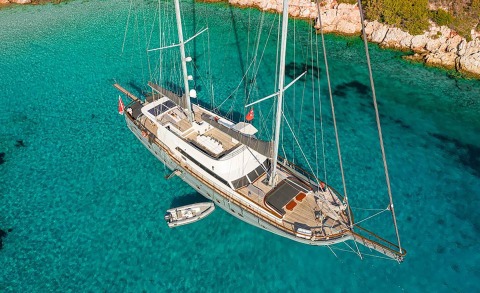 Aerial view of the Virtuoso gulet yacht in turquoise sea