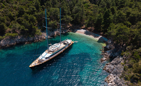 Dalmatino yacht anchored in turquoise water beside a forested rocky coastline