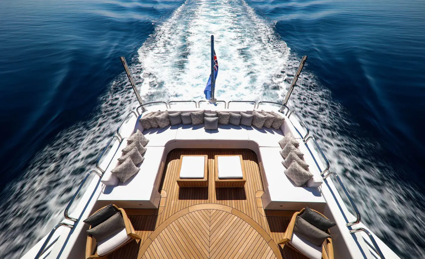 View from aft deck of Alalya yacht slicing through blue sea wake