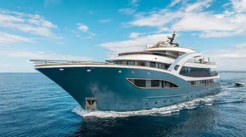 Blue motor yacht Bella seen from the bow with upper decks visible at sea