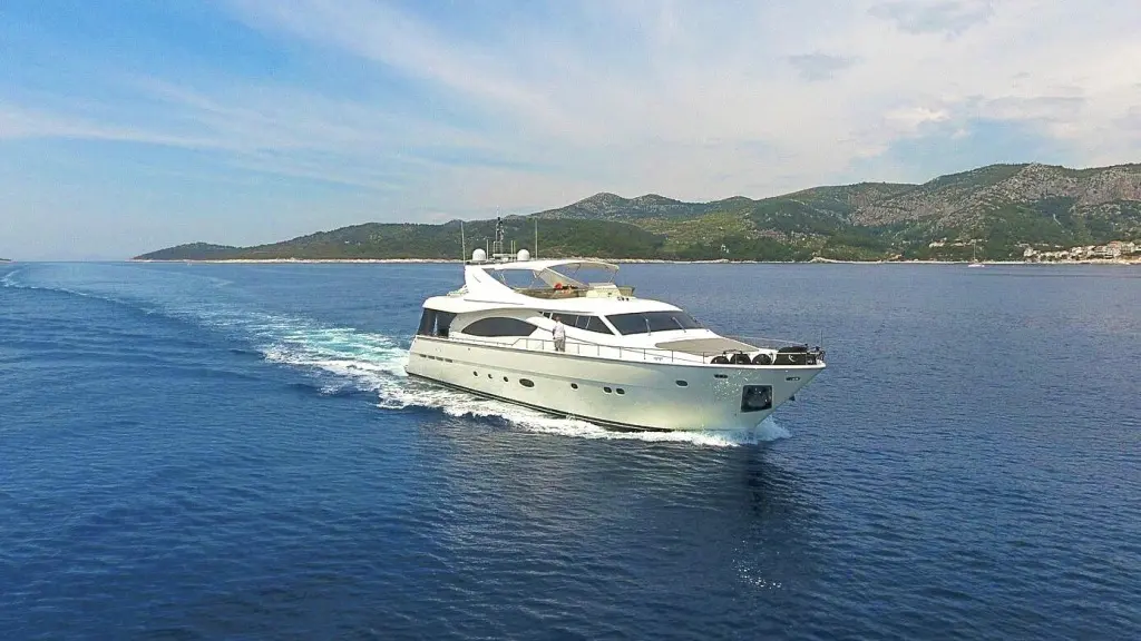 Miss Katariina yacht cruising on calm blue sea with distant coastline