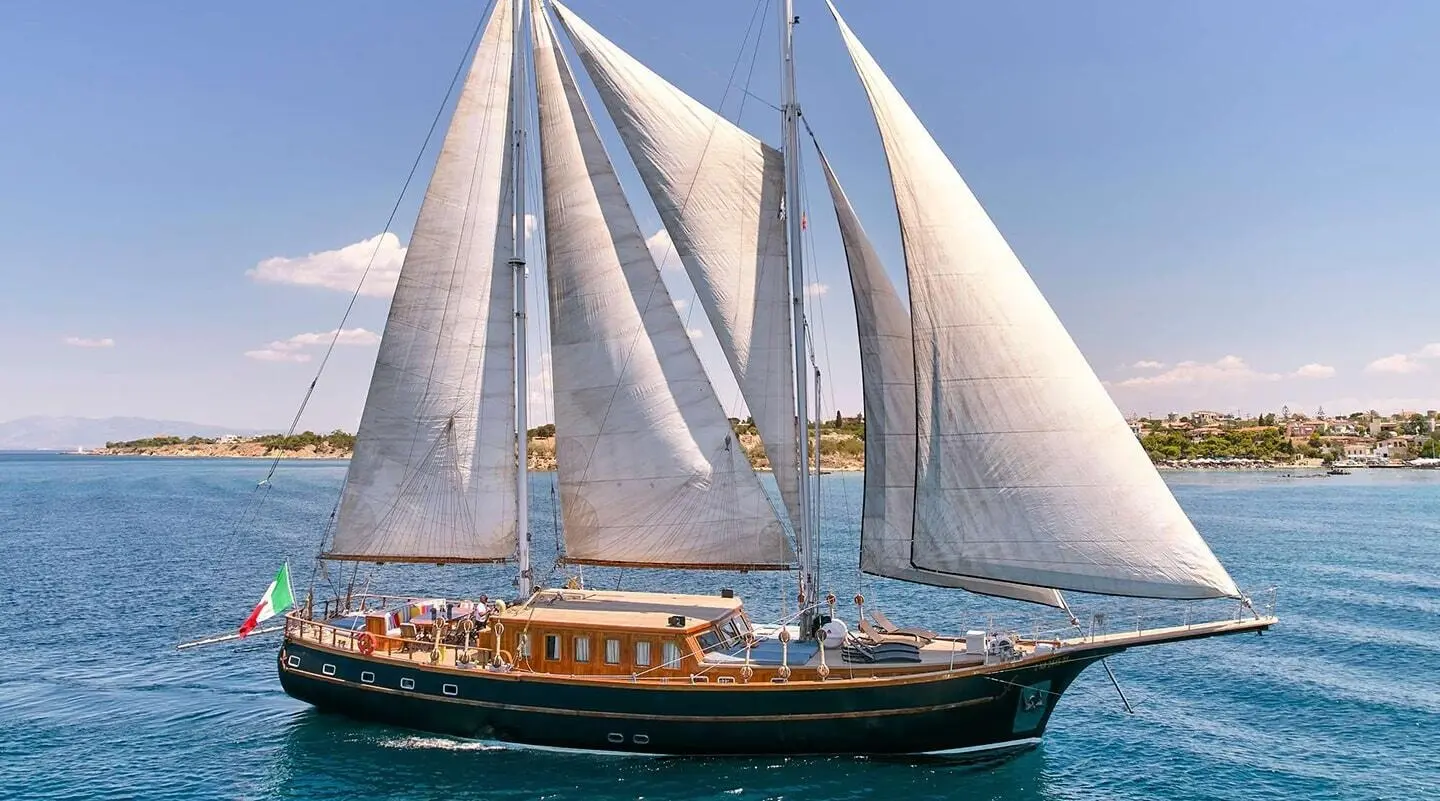 Myra 28m luxury sailing yacht cruising coastal calm blue waters